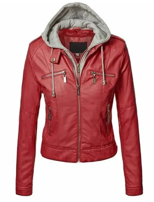 Slim Fit Hooded Red Leather Jacket