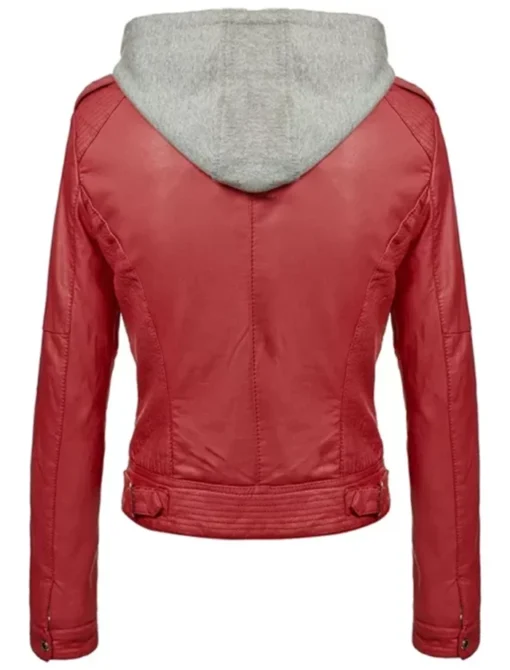 Slim Fit Hooded Red Leather Jacket Back