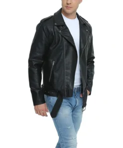 Stylish Black Leather Biker Jacket Mens Collar