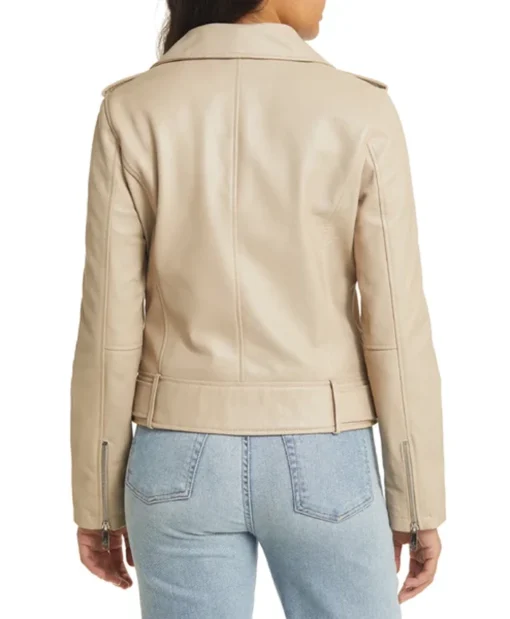 Stylish Women's Beige Moto Leather Jacket Back