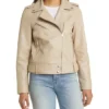 Stylish Women's Beige Moto Leather Jacket Front