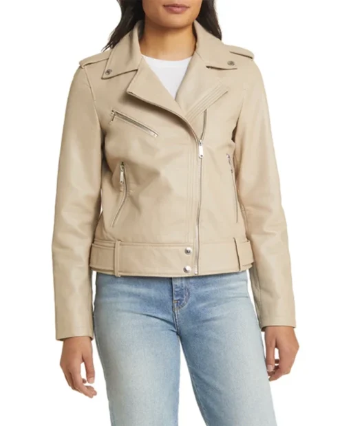 Stylish Women's Beige Moto Leather Jacket Front