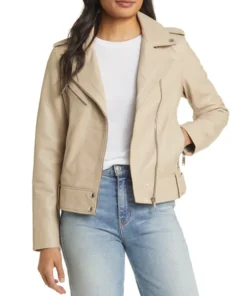 Stylish Women's Beige Moto Leather Jacket Main