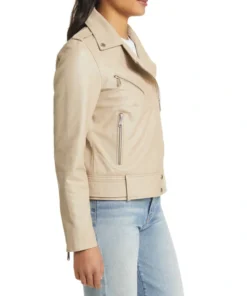 Stylish Women's Beige Moto Leather Jacket Side