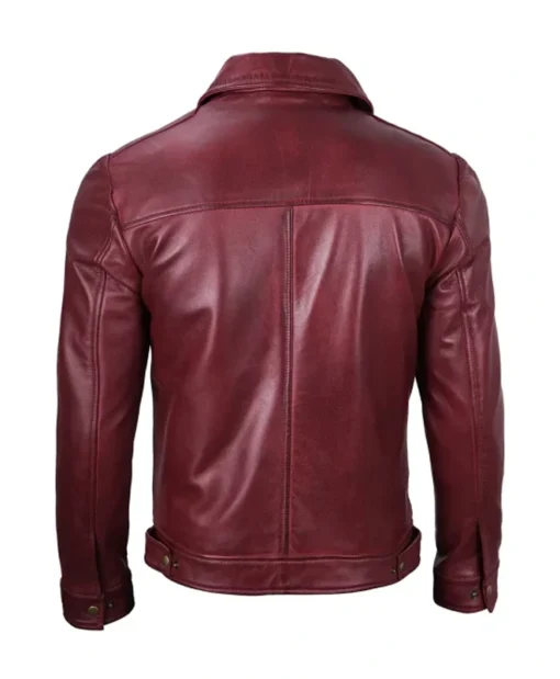 Trendy Men’s Shirt Collar Maroon Leather Jacket Back