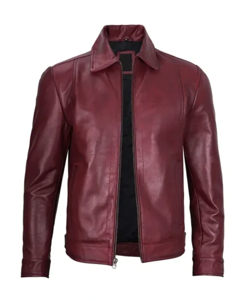 Trendy Men’s Shirt Collar Maroon Leather Jacket Main