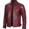 Trendy Men’s Shirt Collar Maroon Leather Jacket Side