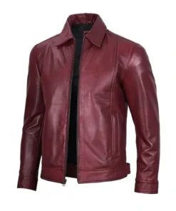 Trendy Men’s Shirt Collar Maroon Leather Jacket Side