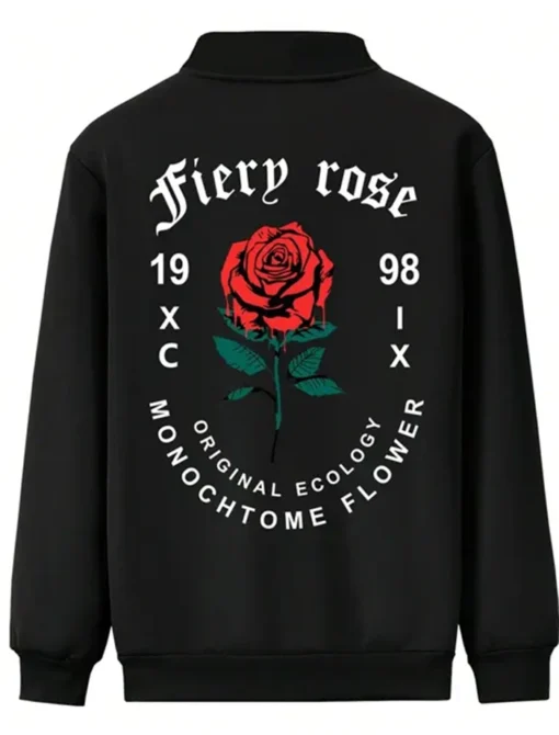 Valentine's Day Men Romantic Rose and Slogan Print Black Jacket Back