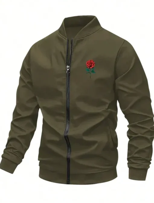 Valentine's Day Men Romantic Rose and Slogan Print Green Jacket