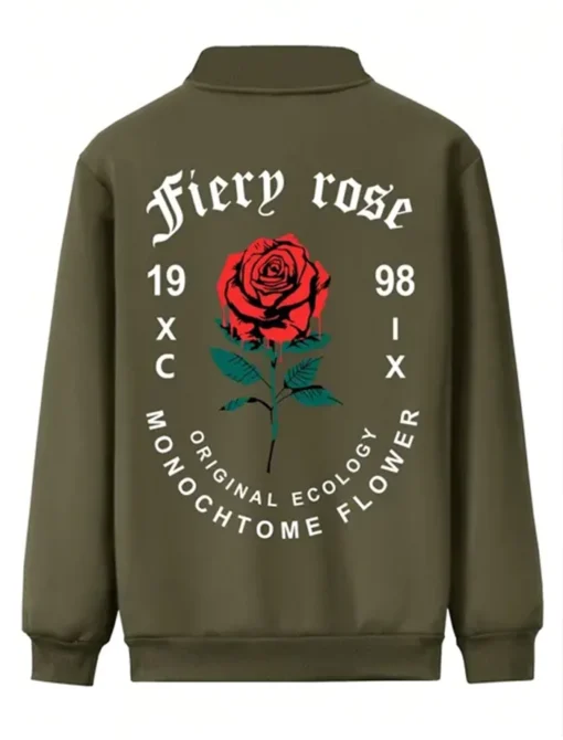 Valentine's Day Men Romantic Rose and Slogan Print Green Jacket Back