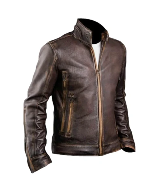 Vinatge Men's Brown Cafe Racer Stand-Up Collar Jacket Side