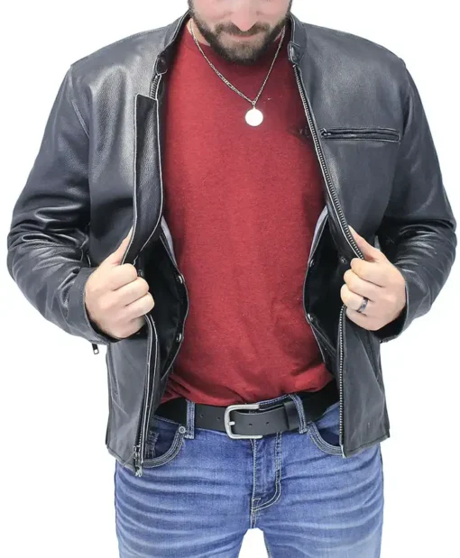 Vintage Black Motorcycle Leather Jacket For Mens Inner