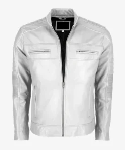 White Men's Cafe Racer Leather Jacket Main