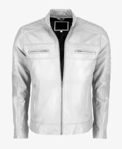 White Men's Cafe Racer Leather Jacket Main