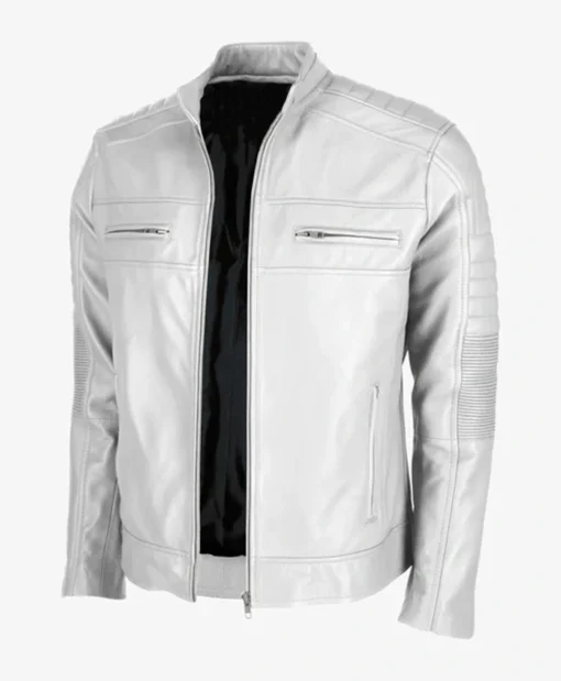 White Men's Cafe Racer Leather Jacket Side