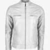 White Men's Cafe Racer Leather Jacket Snap