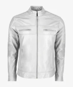 White Men's Cafe Racer Leather Jacket Snap