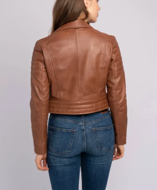 Women Brown Leather Biker Jacket Back