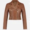 Women Brown Leather Biker Jacket Front