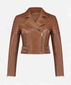 Women Brown Leather Biker Jacket Front