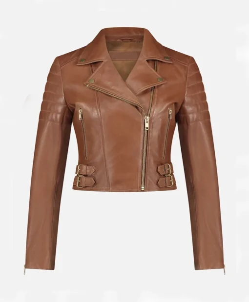 Women Brown Leather Biker Jacket Front