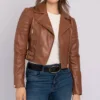 Women Brown Leather Biker Jacket Main