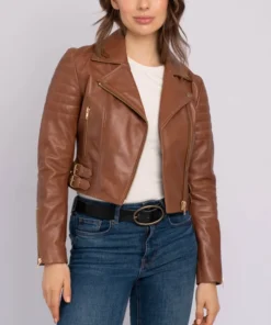 Women Brown Leather Biker Jacket Main