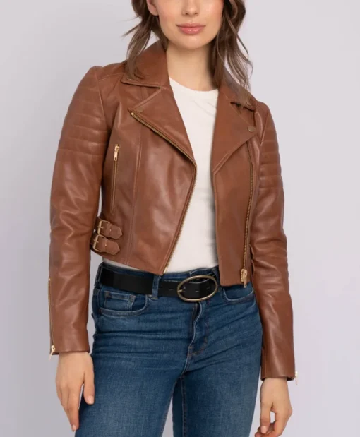 Women Brown Leather Biker Jacket Main