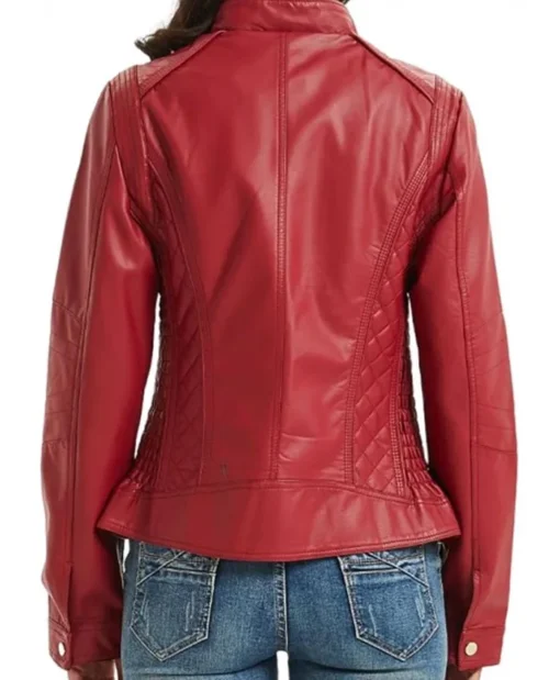 Women Red Biker Petite Leather Moto Jacket Back