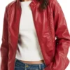 Women Red Biker Petite Leather Moto Jacket Closure