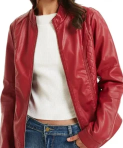 Women Red Biker Petite Leather Moto Jacket Closure