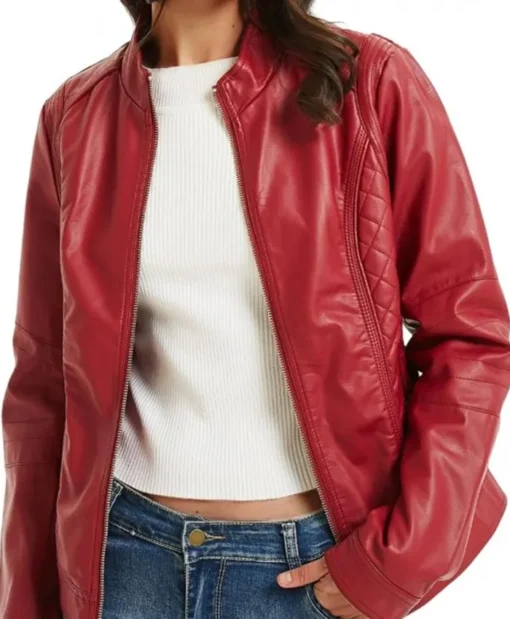 Women Red Biker Petite Leather Moto Jacket Closure