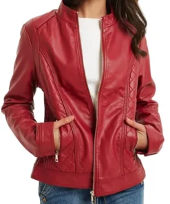 Women Red Biker Petite Leather Moto Jacket Main