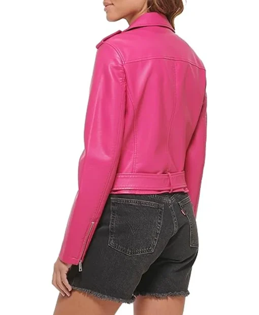 Women's Asymmetrical Pink Leather Biker Jacket Back