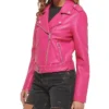 Women's Asymmetrical Pink Leather Biker Jacket Side