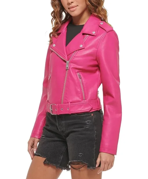 Women's Asymmetrical Pink Leather Biker Jacket Side