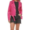 Women's Asymmetrical Pink Leather Biker Jacket Stand