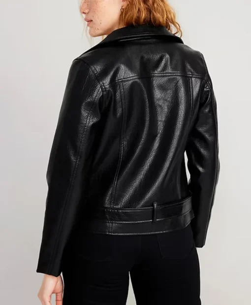 Women's Black Leather Finished Biker Jacket Back