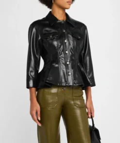 Womens Black Leather Trucker Peplum Jacket Front