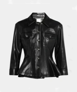 Womens Black Leather Trucker Peplum Jacket Main