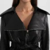 Womens Black Wide Lapel Leather Jacket With Belt Collar