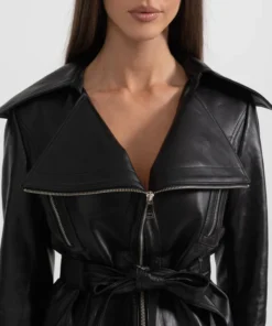 Womens Black Wide Lapel Leather Jacket With Belt Collar