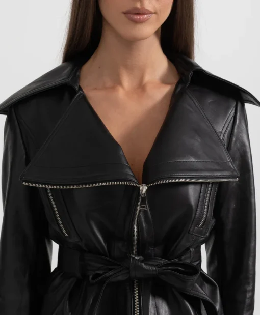 Womens Black Wide Lapel Leather Jacket With Belt Collar