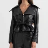 Womens Black Wide Lapel Leather Jacket With Belt Main