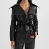 Womens Black Wide Lapel Leather Jacket With Belt Style