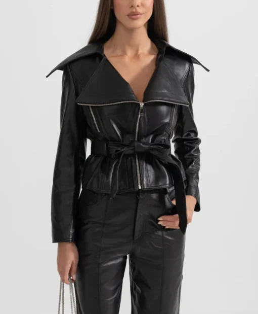 Womens Black Wide Lapel Leather Jacket With Belt Style