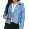 Womens Blue Leather Asymmetrical Collar Biker Jacket Main