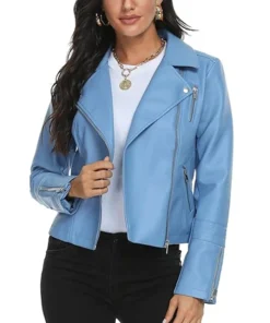 Womens Blue Leather Asymmetrical Collar Biker Jacket Main