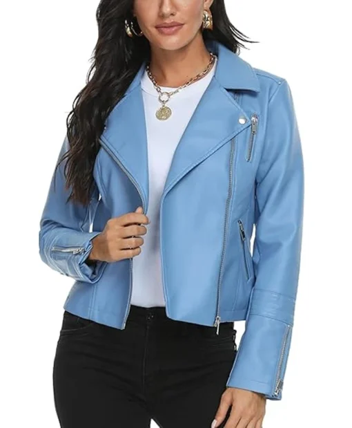 Womens Blue Leather Asymmetrical Collar Biker Jacket Main